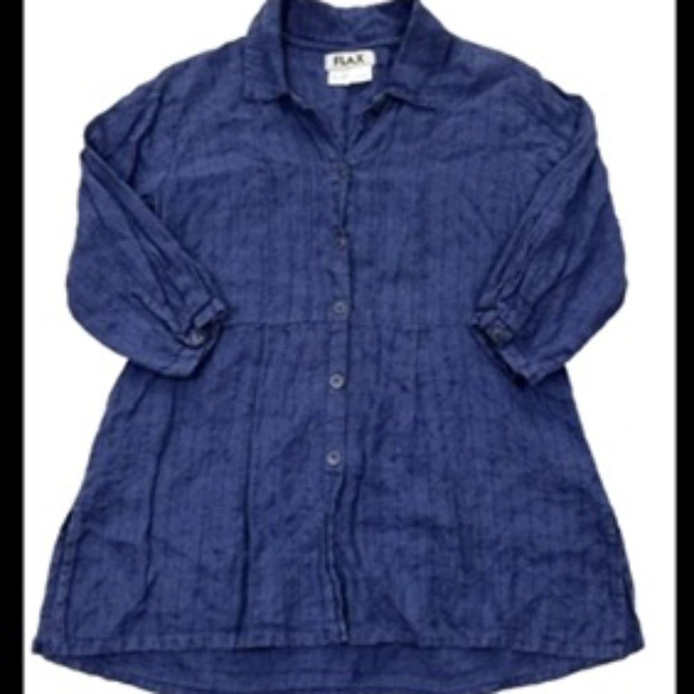 FLAX Blue mini dress or.tunic.20” P to P, 3/4 Sl. , Linen Tunic Top,excellent